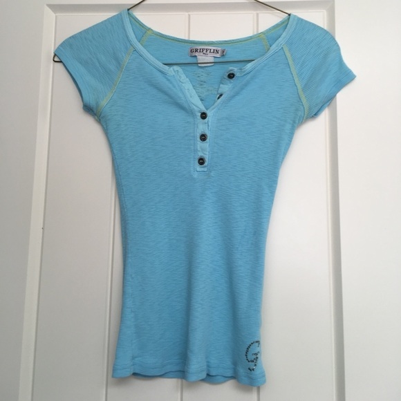 Grifflin Pairs Blue Cross Rhinestone Ribbed T Shirt Size Medium - Picture 1 of 5